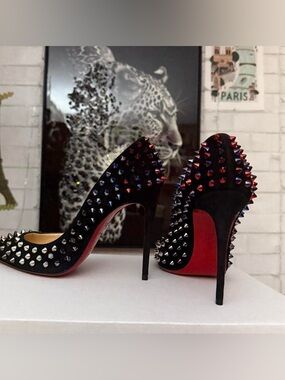 Christian Louboutin Black Suede Multi-Colored Pigalle Spike Red Sole Pumps